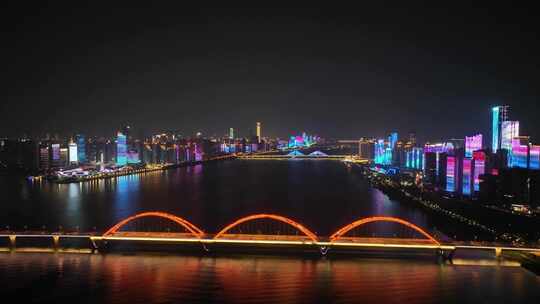 长沙湘江夜景航拍福元路大桥夜景建筑风光