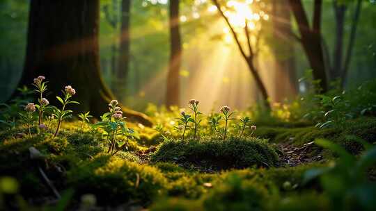 森林晨光下的花草树木