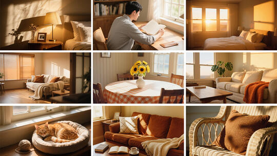 阳光透过窗户温馨室内暖色调居家生活