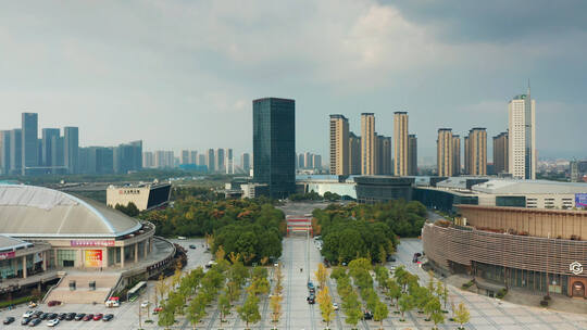 浙江义乌城市地标建筑风光航拍视频素材模板下载