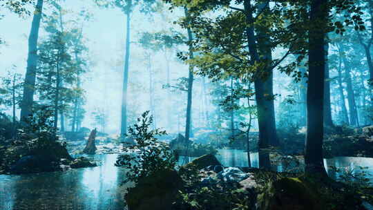 有池塘的森林和阳光的薄雾
