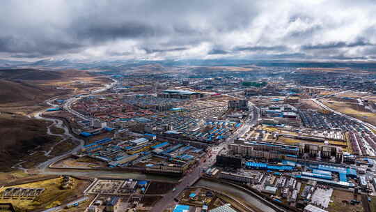 中国西藏那曲市航拍高原城市全景