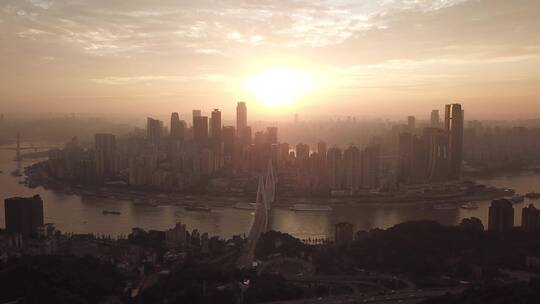航拍夕阳城市天际线