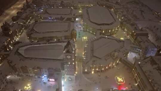 中国黑龙江哈尔滨世界欢乐城夜晚雪景航拍