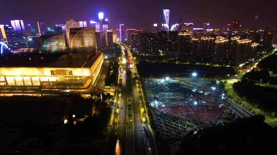 杭州滨江奥体中心奔竞大道车流夜晚夜景延时