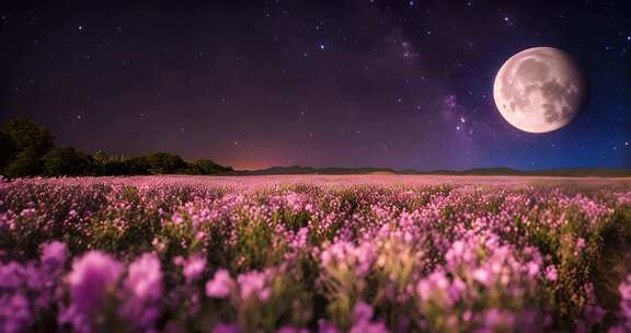 月夜下的紫色花海景观