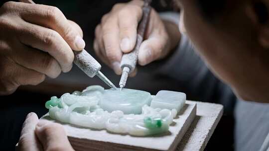 工匠手工雕刻翡翠玉器
