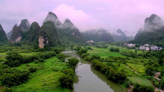 航拍桂林阳朔漓江遇龙河景区自然山水风光