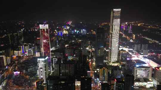 湖南长沙国金中心世贸大厦五一商圈夜景航拍视频素材模板下载