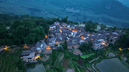 航拍云南旅游元阳梯田乡村农业村庄夜景