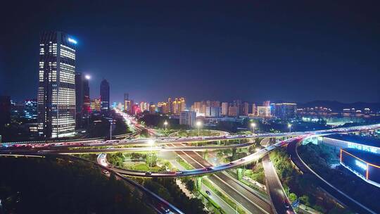 航拍夜晚杭州滨江时代大道高架中兴立交夜景视频素材模板下载