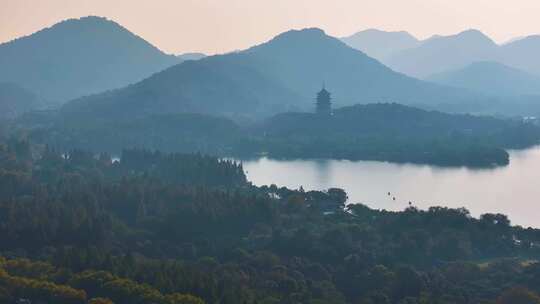 西湖雷峰塔景区大自然风光群山航拍杭州风景