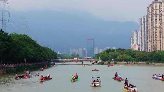 航拍端午节龙舟竞渡福建福州光明港龙舟赛