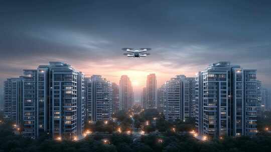 智能无人机巡视都市楼宇日暮全景