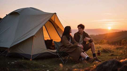 情侣户外露营对坐交谈