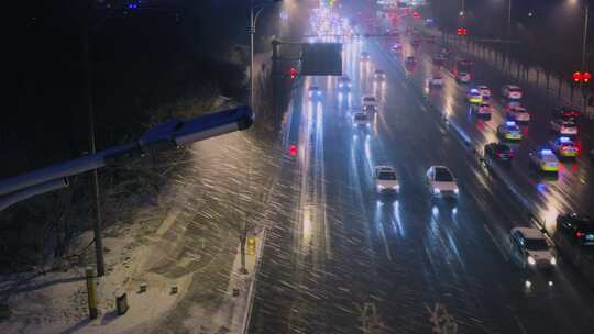 北方城市冬季下雪雪景夜景航拍