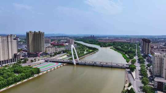 中国吉林梅河口辉发河梅河大桥城市航拍
