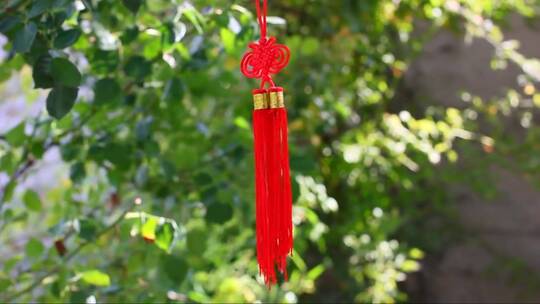 挂在枝头的红色中国结护身符