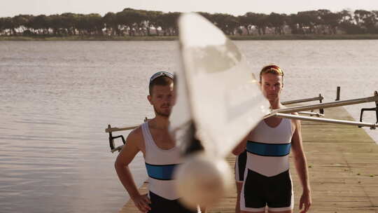 男子划艇队肩上扛着船视频素材模板下载