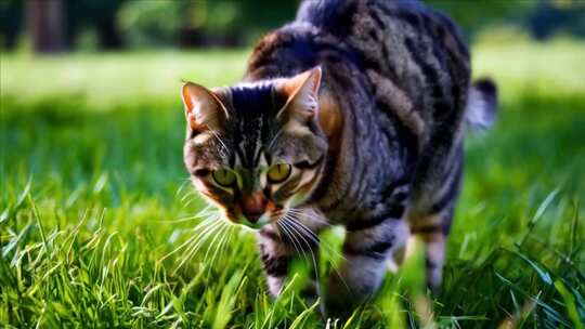 草丛中一只狸花猫正在行走