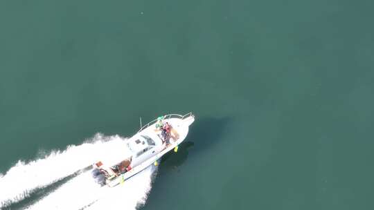 航拍跟随威海市高新区双岛湾海面上高速快艇视频素材模板下载