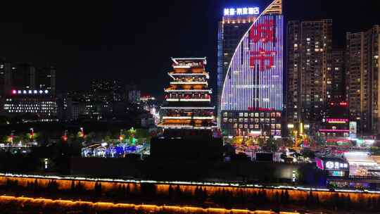 陕西安康美术馆夜景安康西城阁夜景航拍
