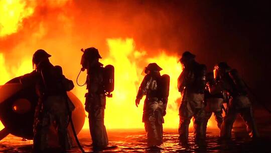 消防员在夜间扑灭大火视频素材模板下载