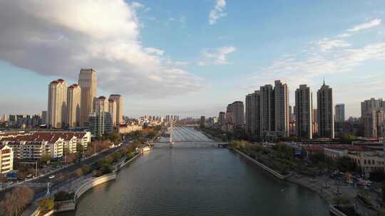 天津海河直沽桥小白楼商圈城市建筑风光航拍