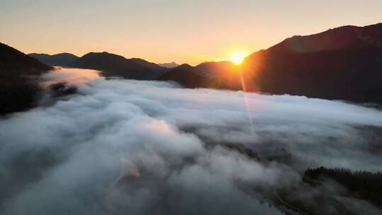 航拍迷雾森林云雾日出云海汽车行驶旅游宣传