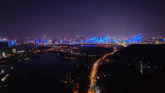 湖南长沙城市夜景湘江风光带航拍