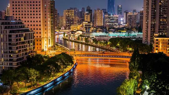 航拍上海普陀区苏州河楼群夜景8K