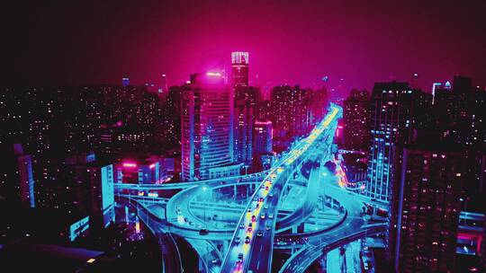 赛博朋克上海夜景航拍