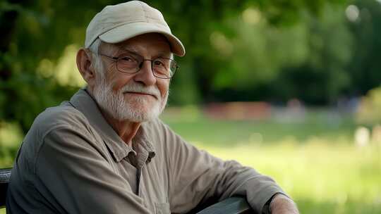 阳光下公园长椅上的快乐老人