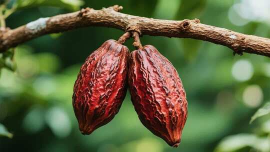 树枝上的可可果实特写