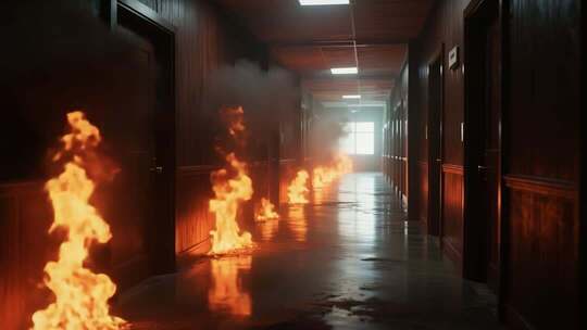 走廊内熊熊燃烧的火焰