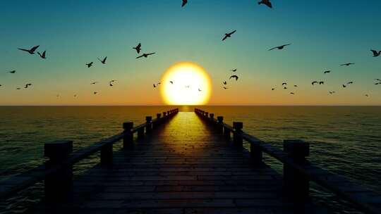 夕阳下大海桥头自由飞舞的海鸥慢动作