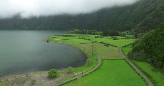 树，山，村庄，湖