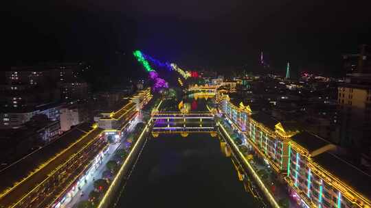 湖南怀化通道侗族风雨桥夜景航拍