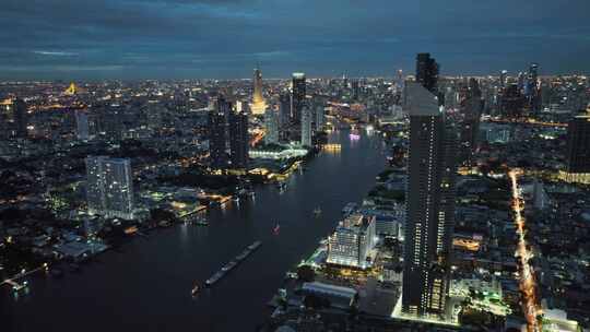 泰国曼谷湄南河城市高楼夜景航拍风光