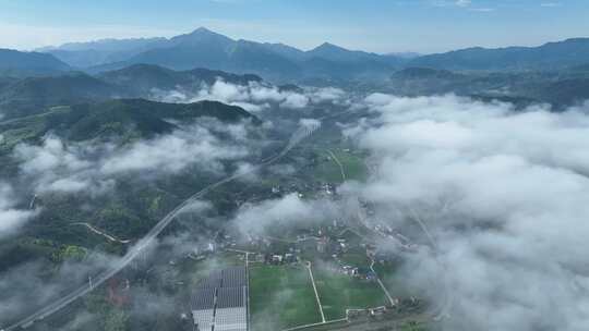 美丽乡村振兴清晨云海稻田园公道路高架桥梁