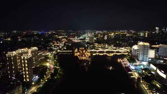 福建福州闽江夜景灯光中洲岛航拍