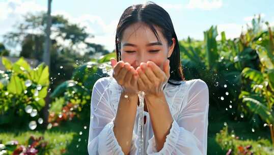 女子户外捧水洗脸素材