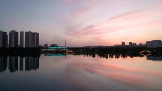 湖南省资兴市东江湾城市公园日落夕阳航拍