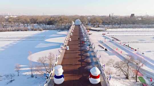 中国黑龙江哈尔滨太阳岛雪博会雪雕航拍