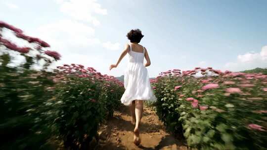 女子在花田中奔跑