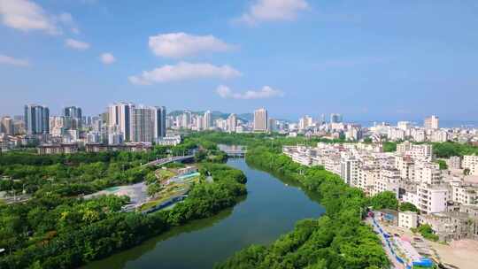 阳光明媚三亚城市风景航拍全景4k中国海南