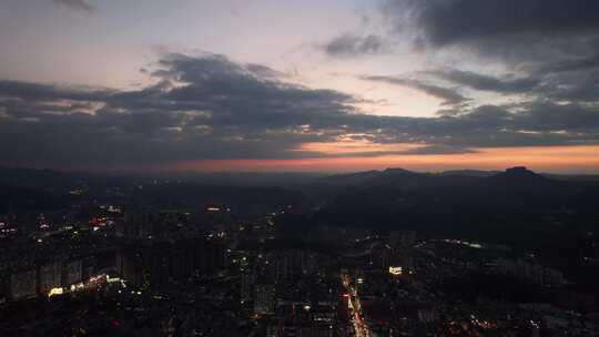 贵州黔东南凯里晚霞夜幕降临夜景航拍