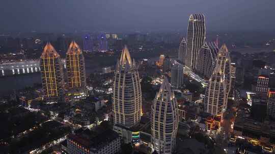 西双版纳景洪告庄城市天际线夜景风光航拍