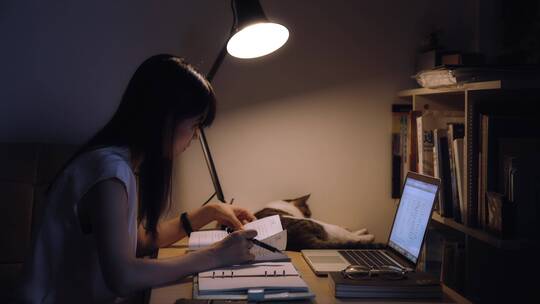 夜晚女孩在台灯下居家学习写字4k视频素材