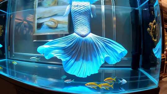 室内鱼缸中的观赏鱼与鱼尾装饰